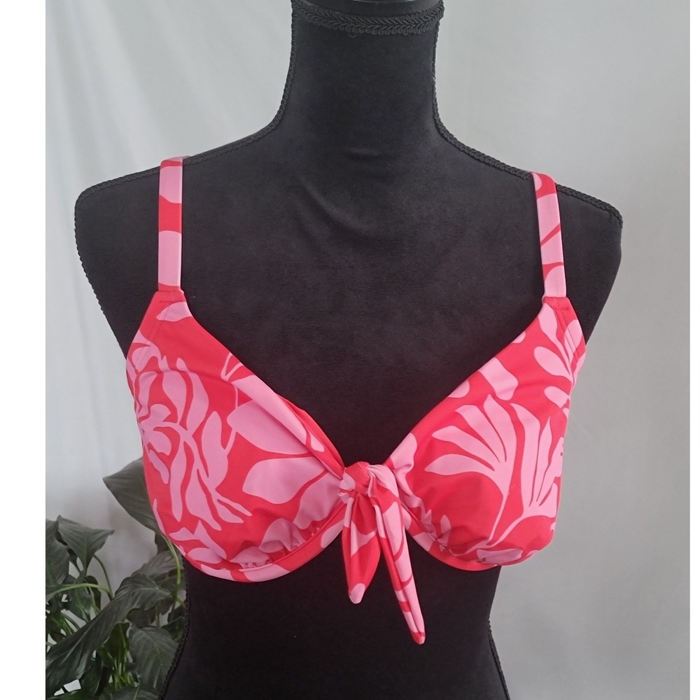 Shade & Shore Pink Red Floral‎ Tie Front Underwire Bikini Top 38DD Tropical Swim